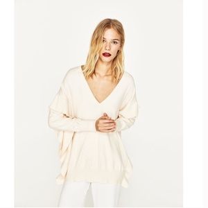 Side Ruffle V-neck Oversized sweater in ivory